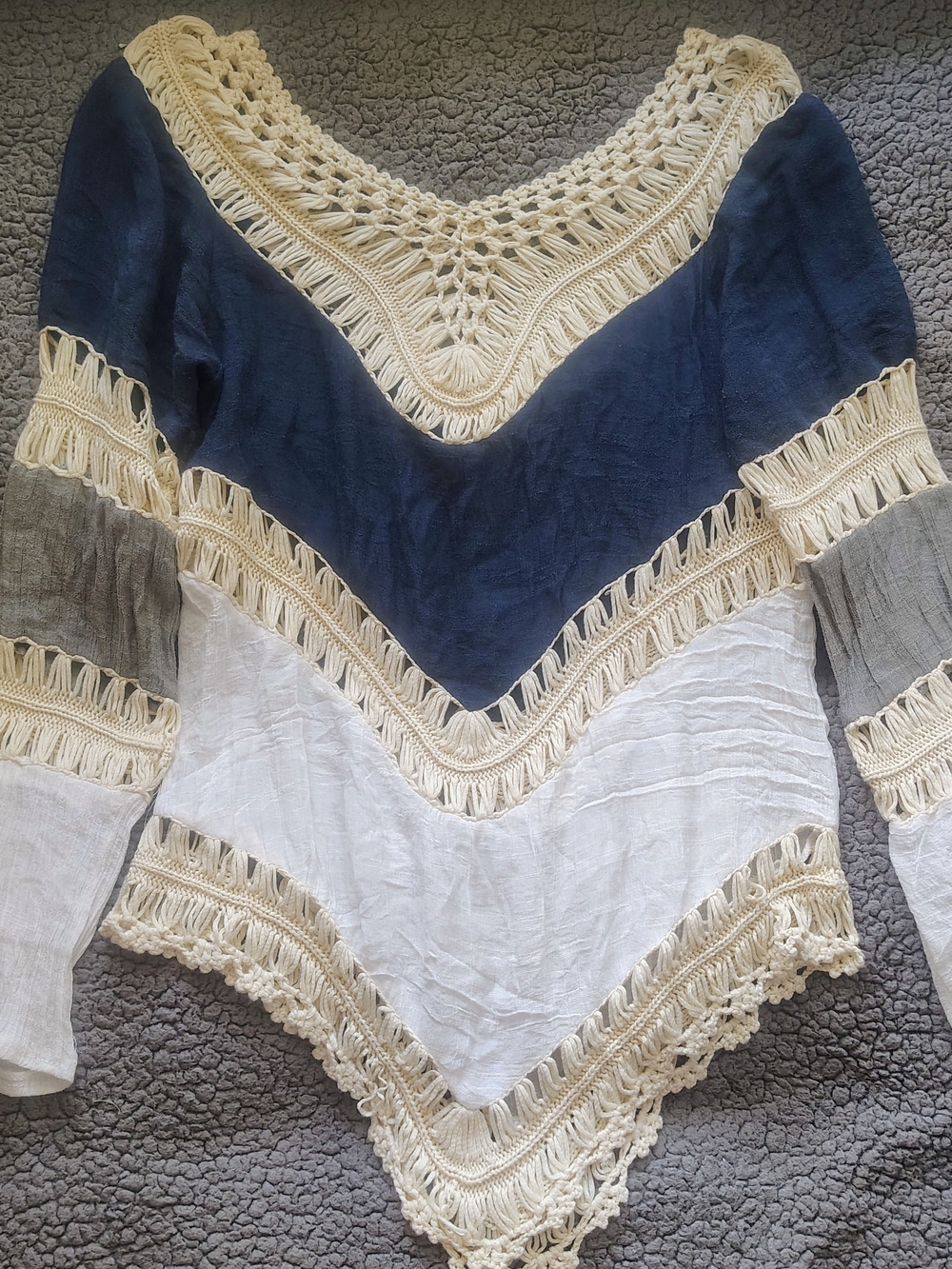 Boho Chevron Crochet Trim Women's Sweater - Navy, White, Cream